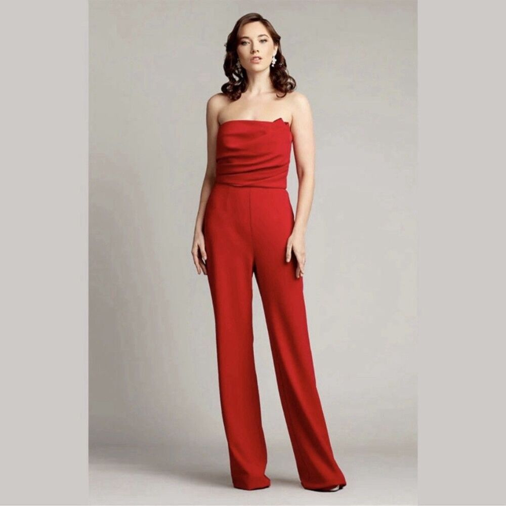 Tadashi Shoji Strapless Wide Leg Jumpsuit (Size S) Red Crepe Event Party Formal